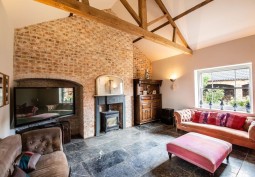 Livingroom, Brick Wall, Fireplace, Tiled Floor