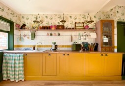 retro kitchen with mustard and olive green unit doors