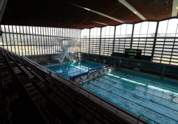 Community swimming pool with seating for filming
