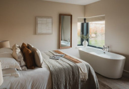 Bedroom (Double), Bathroom (Roll Top) at Luxury Holiday Lodges For Filming, Wiltshire