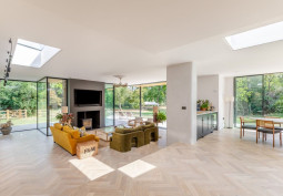 Livingroom, Diningroom, Windows, Fireplace, Open-plan, Skylight