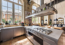 Kitchen (With Island), Kitchen (Coloured units), Kitchen (Modern), Kitchen (Gas Hob) at A 1900 Converted School Into Flat For Filming, London