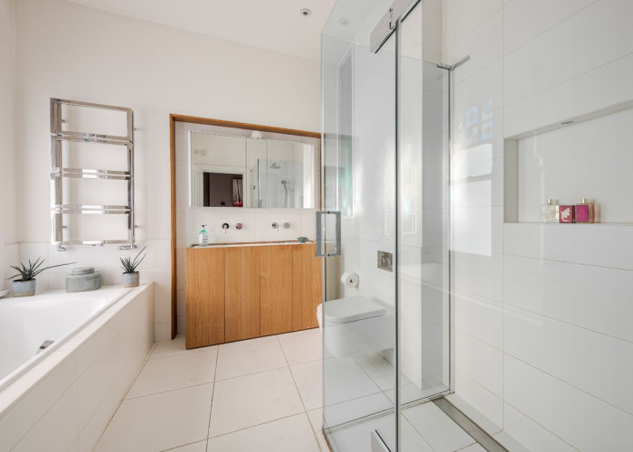 Bathroom (2 sinks), Bathroom (Shower and bath) at Victorian Semi Detached Home For Filming, London