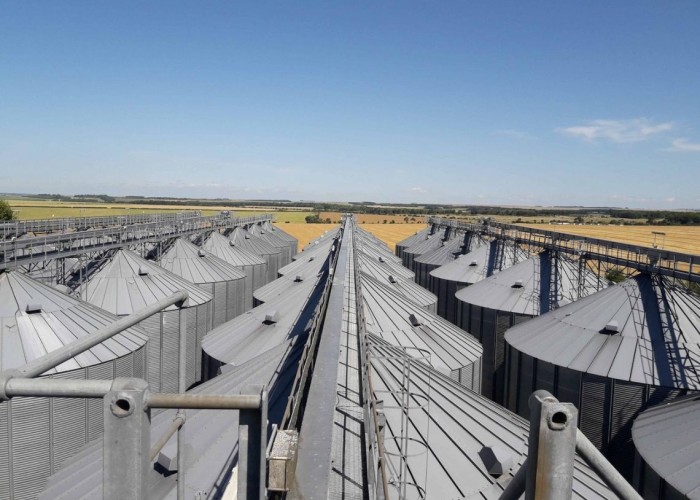 32. Birdseye view of a number of grain silos