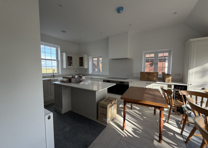 Kitchen (With Island), Kitchen (Modern), Kitchen (White units), Kitchen (Electric/Induction Hob) at Farm House Under Renovation For Filming, Kent