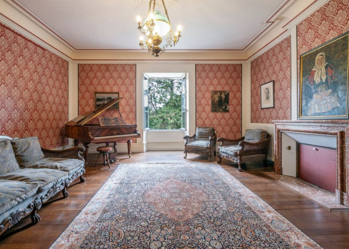 9. Livingroom, Fireplace, Pattern Wallpaper, Piano, Wooden Floor