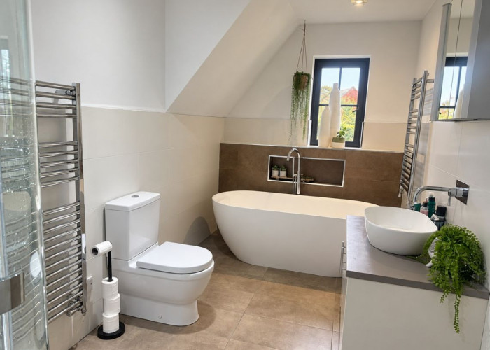 Bathroom (Roll Top), Bathroom (Shower and bath) at A Beautiful Countryside Barn Conversion For Filming, Warwickshire