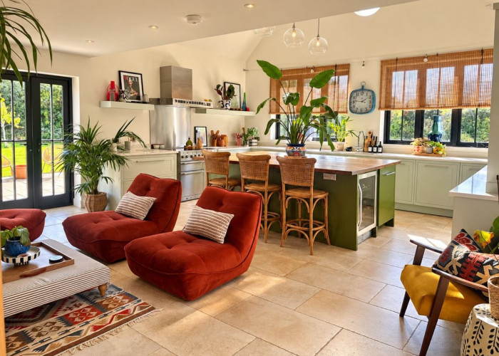 Kitchen (With Island), Kitchen (Cream or White units), Kitchen (Coloured units), Kitchen (Retro), Kitchen With Table at A Beautiful Countryside Barn Conversion For Filming, Warwickshire