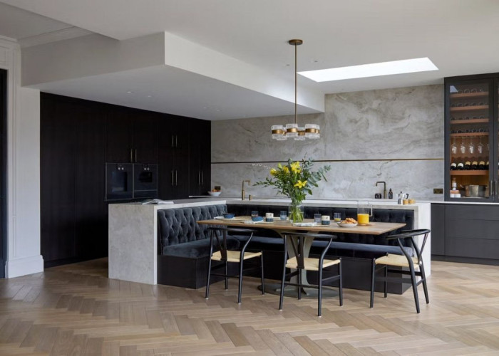 Kitchen (With Island), Kitchen (Coloured units), Kitchen (Modern), Kitchen With Table at Victorian Riverside Five Bedroom House With A Terrace For Filming, Middlesex