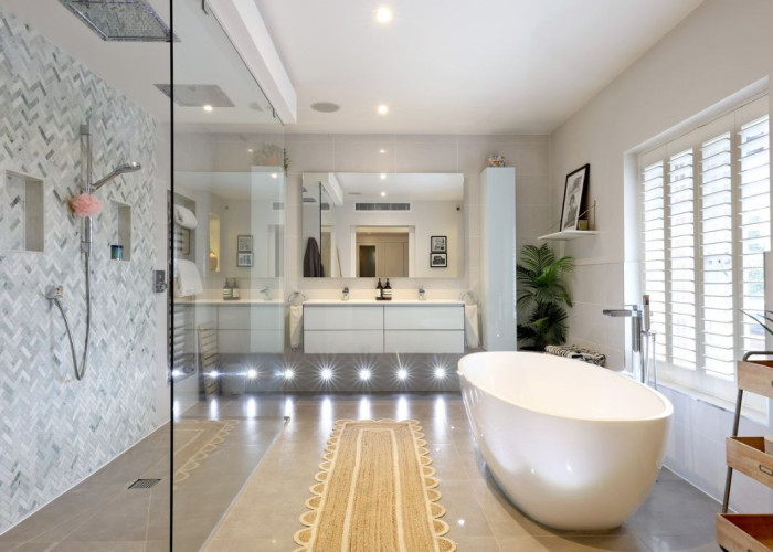 Bathroom (Large), Bathroom (Roll Top), Bathroom (2 sinks), Bathroom (Shower and bath) at Beautiful Contemporary Home In Buckinghamshire For Filming, Buckinghamshire