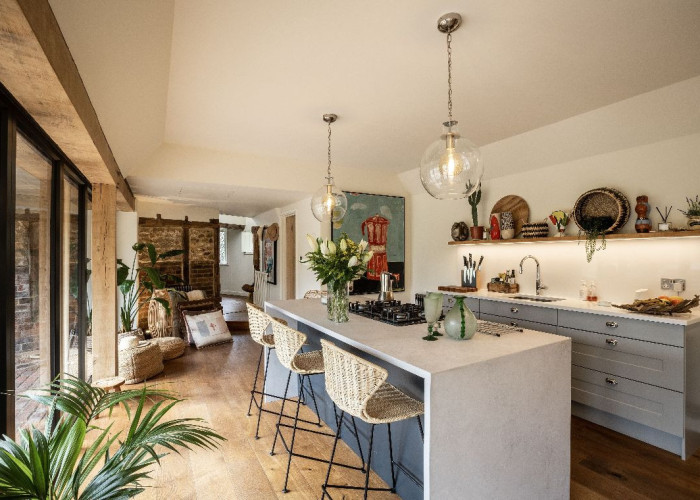Kitchen (With Island), Kitchen (Coloured units), Kitchen (Modern), Kitchen (Gas Hob) at Beautiful 17th Century Home For Filming, West Sussex