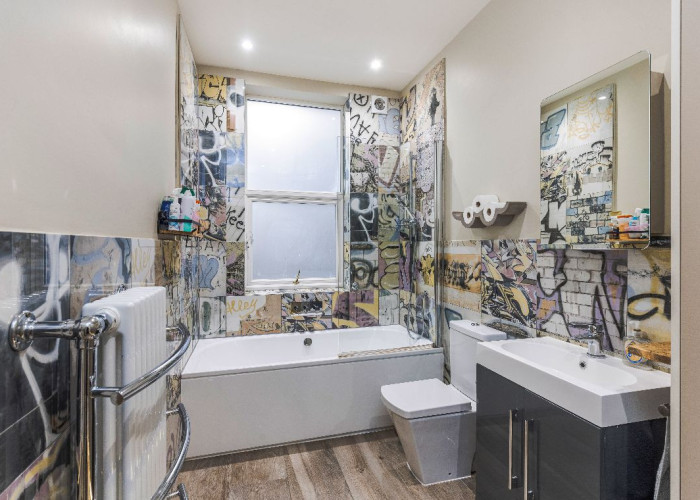Bathroom, Graffiti at Stunning Six Bedroom Corner House In London For Filming, London