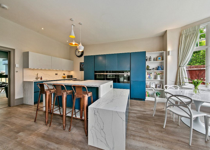 Kitchen (With Island), Kitchen (Coloured units), Kitchen (Modern), Kitchen With Table, Kitchen (Electric/Induction Hob) at Stunning Six Bedroom Corner House In London For Filming, London
