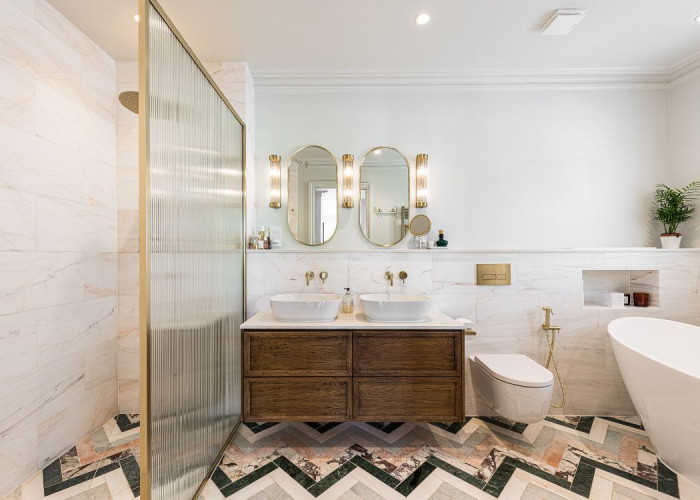 Bathroom (Shower and bath) at Sleek New Build In London For Filming, London