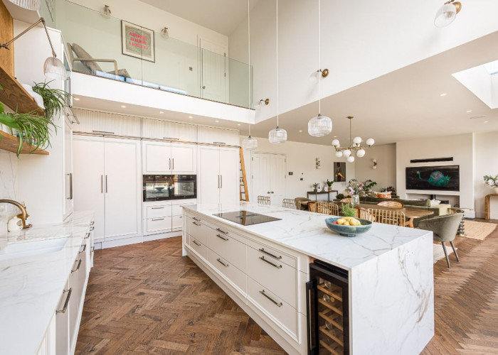 Kitchen, Countertop at Sleek New Build In London For Filming, London