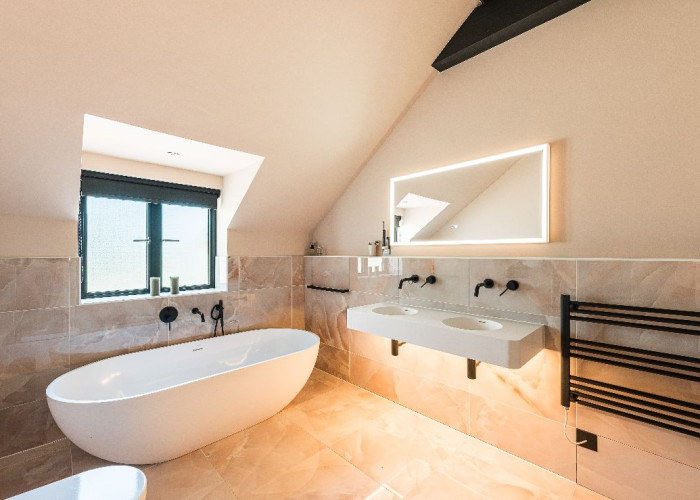 Bathroom (Large), Bathroom (Roll Top), Bathroom (2 sinks), Bathroom (Shower and bath) at Contemporary 16th Century Black And White House For Filming, West Sussex
