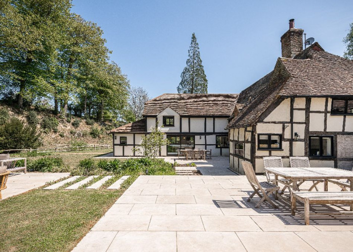 Patio / Veranda at Contemporary 16th Century Black And White House For Filming, West Sussex