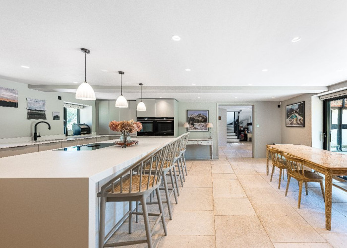 Kitchen (With Island), Kitchen (Cream or White units), Kitchen (Modern), Kitchen With Table, Kitchen (Electric/Induction Hob) at Contemporary 16th Century Black And White House For Filming, West Sussex