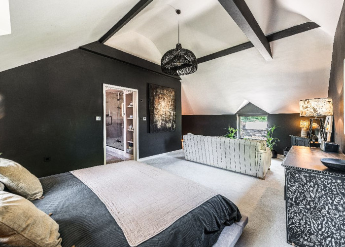 Interior design, Bedroom at Contemporary 16th Century Black And White House For Filming, West Sussex