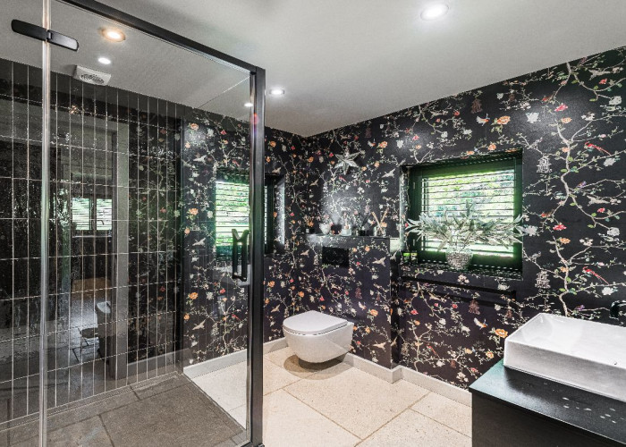 Bathroom at Contemporary 16th Century Black And White House For Filming, West Sussex