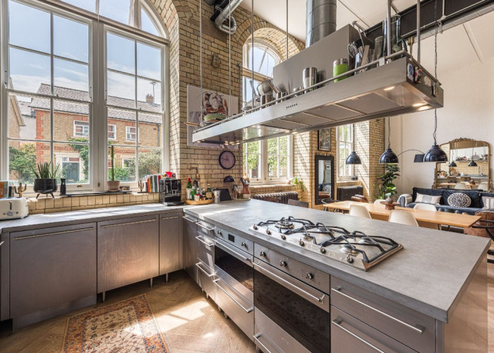Kitchen (With Island), Kitchen (Coloured units), Kitchen (Modern), Kitchen (Gas Hob) at A 1900 Converted School Into Flat For Filming, London