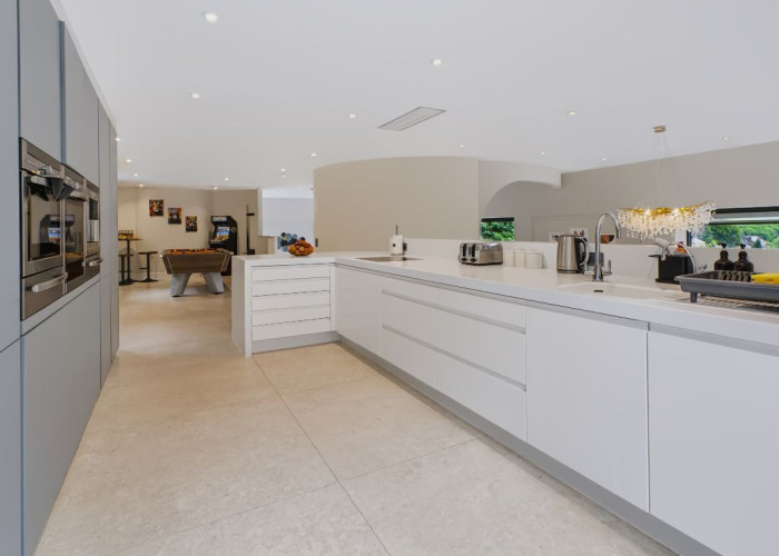 Kitchen (With Island), Kitchen (Modern), Kitchen (White units), Kitchen (Electric/Induction Hob) at Contemporary Hillside Home With Panoramic Views Across The Valley For Filming, Derbyshire