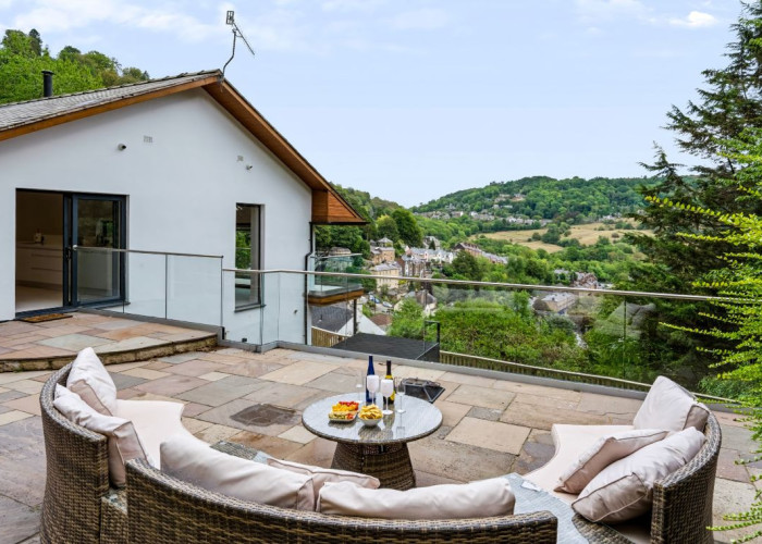 Balcony, Patio / Veranda at Contemporary Hillside Home With Panoramic Views Across The Valley For Filming, Derbyshire