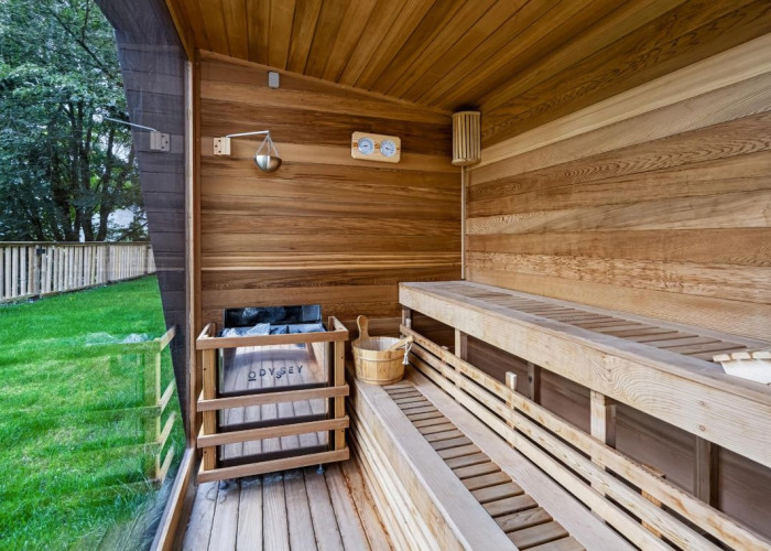 Sauna / Steam Room at Contemporary Hillside Home With Panoramic Views Across The Valley For Filming, Derbyshire