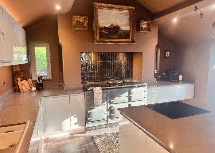 Kitchen (With Island), Kitchen (Modern), Kitchen (White units), Kitchen (Gas Hob) at Large Five Bedroom Farmhouse For Filming, Cumbria