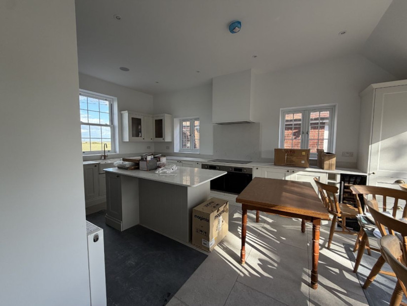 Kitchen (With Island), Kitchen (Modern), Kitchen (White units), Kitchen (Electric/Induction Hob) at Farm House Under Renovation For Filming, Kent