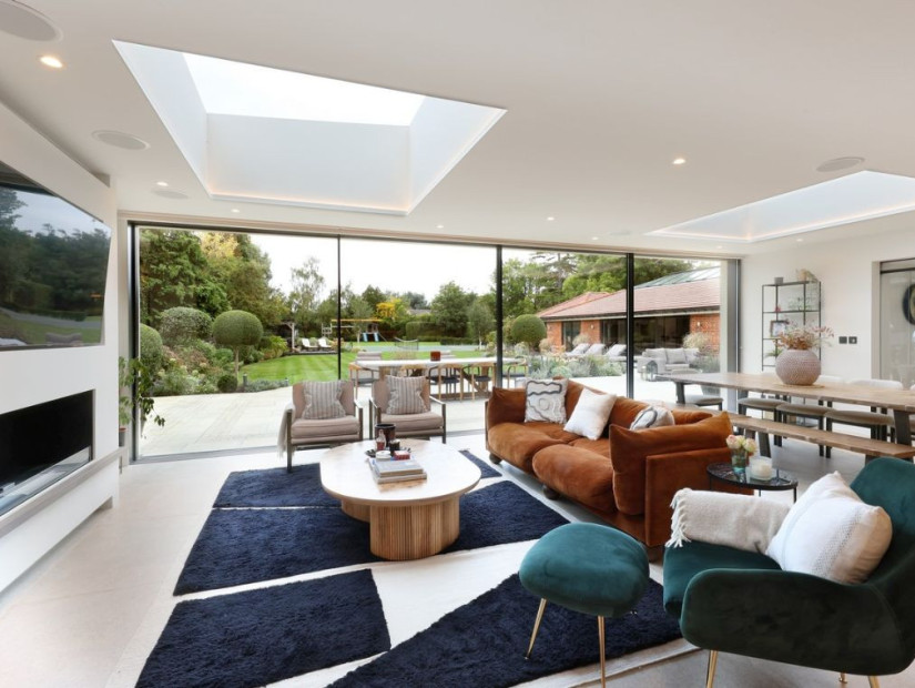 Livingroom, Open-plan, Skylight at Beautiful Contemporary Home In Buckinghamshire For Filming, Buckinghamshire